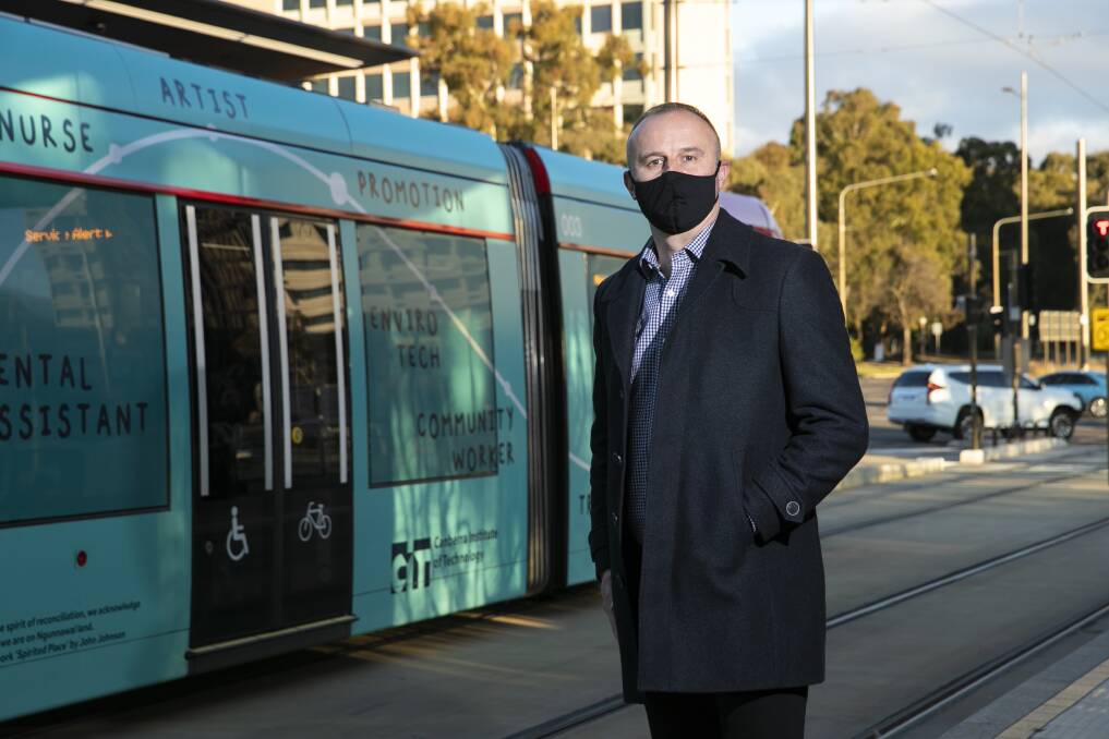 Andrew Barr wears a mask ahead of the new mandate starting at midnight on Sunday. Picture: Keegan Carroll 