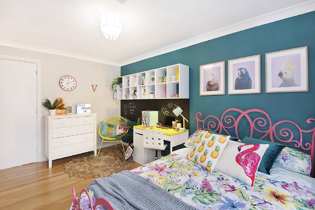 TWEENAGE DREAM: Upcycling furniture with paint and stencils is a smart way to transform your child's room into a tween retreat. This tropical theme is a classic idea that won't go out of style before their next birthday.

