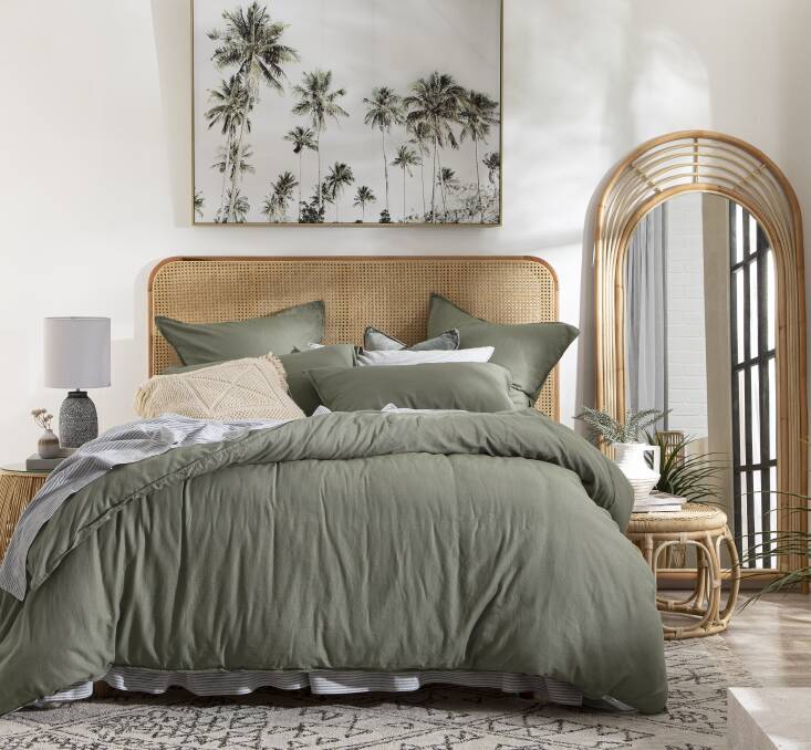 THE LOOK: Washed linen look pale olive quilt cover set, $129 (QB) from pillowtalk.com.au.