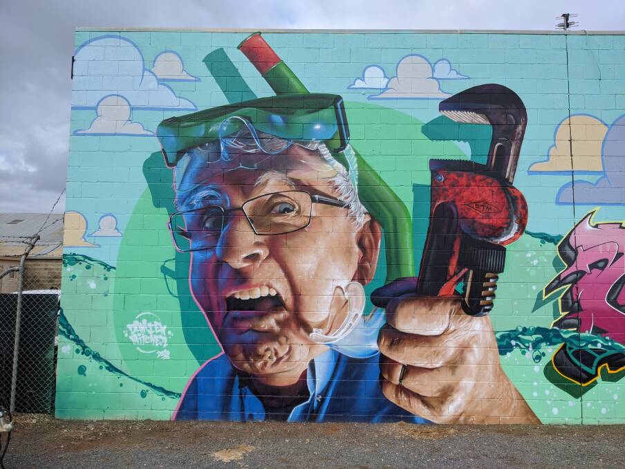 A plumbing-themed mural painted on the side of a plumbing business in Wagga. Supplied: Damien Mitchell