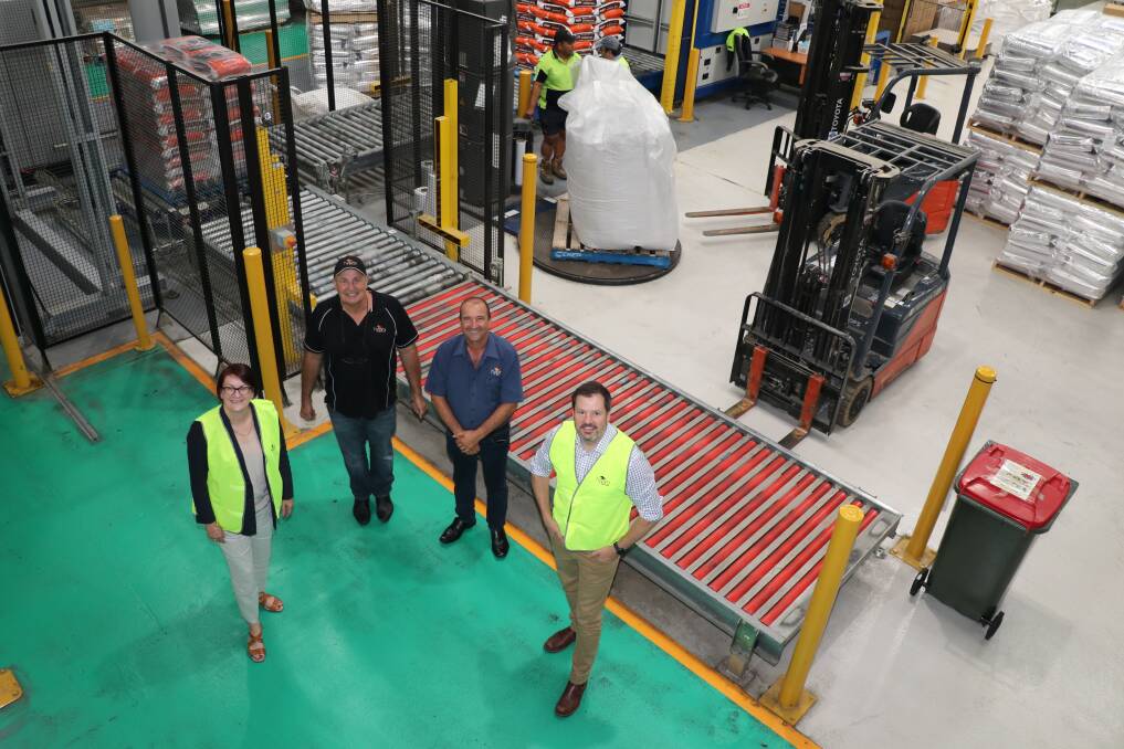 (From left) Macquarie MP Susan Templeman with Garry Jennings and John Camilleri of Hypro Pet Foods, and Shadow Minister for Industry and Innovation Ed Husic at the Wilberforce plant
