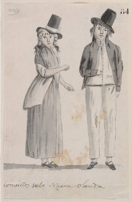 Drawing of a convict couple in Sydney Town by cartographer Felipe Bauza during the Spanish Scientific Expedition to Australia c. 1894. Image: Courtesy of the Mitchell Library, State Library of NSW.