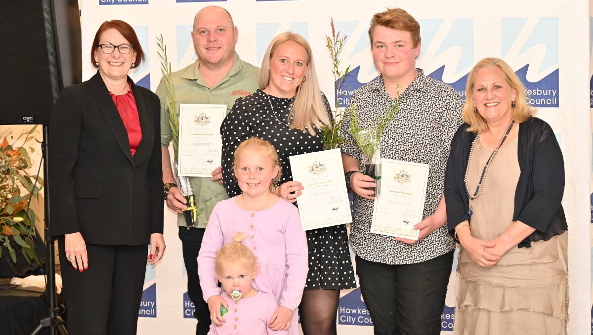 Macquarie MP Susan Templeman (left) and Hawkesbury deputy mayor, Councillor Mary Lyons-Buckett (right) with the Calvert family during last week's citzenship ceremony.