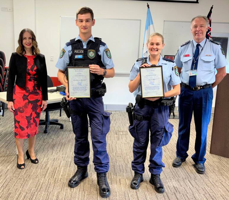 (From left) Hawkesbury MP Robyn Preston, Probationary Constables Joshua and Alexandra and Hawkesbury Acting Superintendent Detective Paul McHugh.