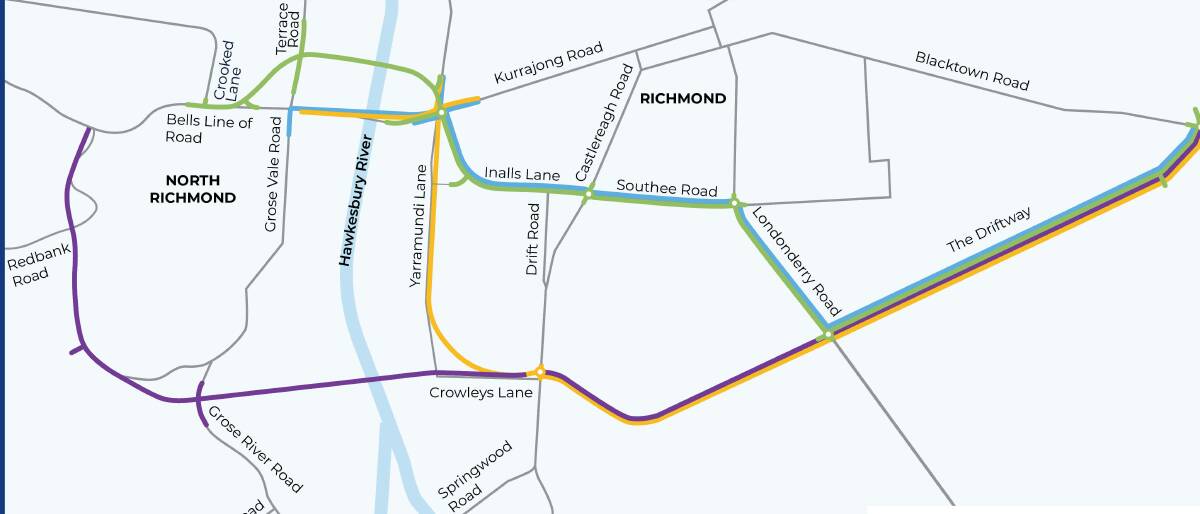The green route is "preferred", but residents have called for adoption of the purple route. Each converge at the intersection of Londonderry Road and The Driftway.