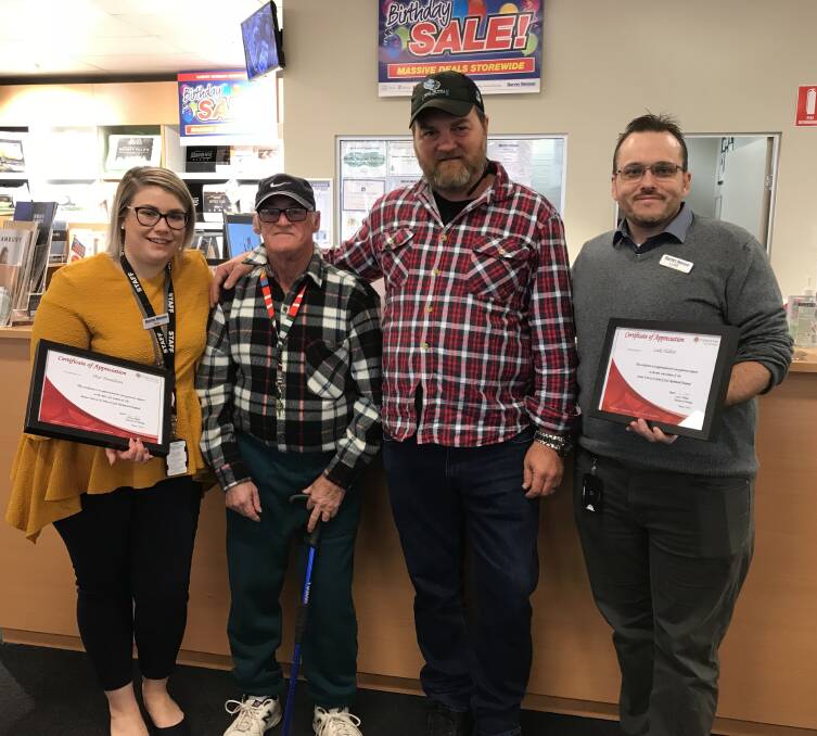 Harvey Norman McGraths Hill's Skye Donaldson and Luke Hallett were handed certificates of appreciation by Jason Smith and Peter Lee on behalf of the Xavier Unit at St John of God Hospital.