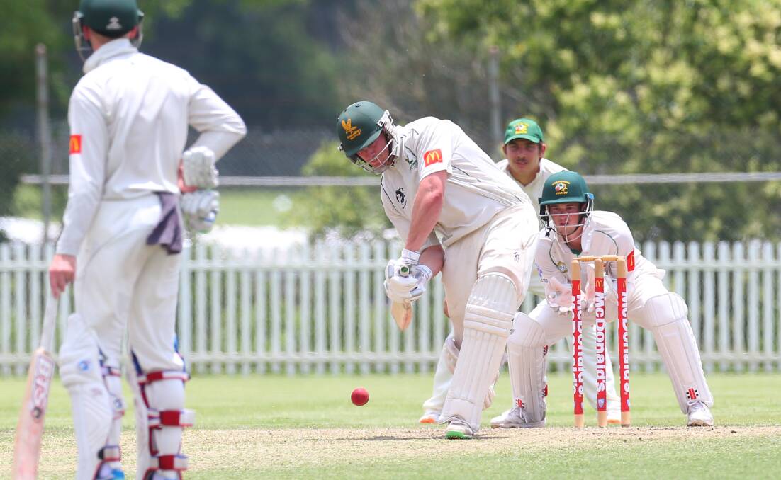 Bat on ball: Hawkesbury's Tim Wilson was one of the first graders in top form against Campbelltown-Camden at Owen Earle Oval, Richmond, on Saturday. Picture: Geoff Jones