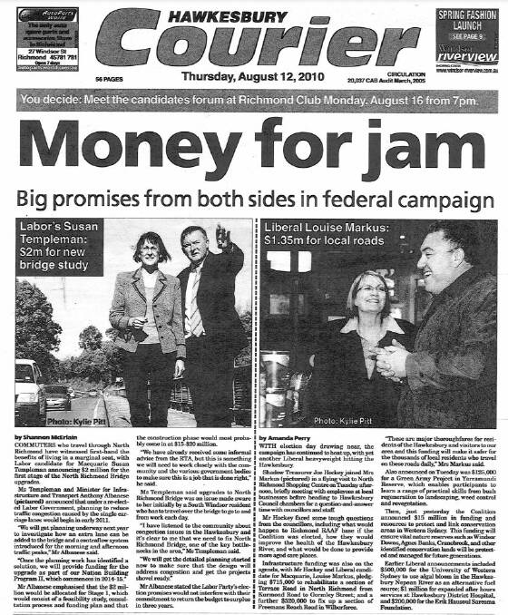 A front page article from the August 12, 2010 edition of the Hawkesbury Courier in which Ms Templeman, the then candidate for Macquarie, and Anthony Albanese announced $2 million to kick off planning for the second crossing.