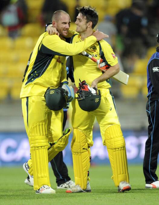 John Hastings and Mitchell Marsh celebrate an ODI win over New Zealand in 2016. Picture: Ross Setford/ AP