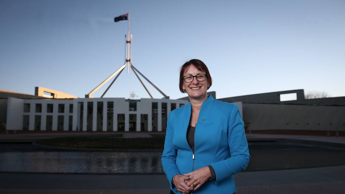 Susan Templeman in front of Parliament House, Canberra, shortly after she was elected as Member for Macquarie. Photo: Alex Ellinghausen
