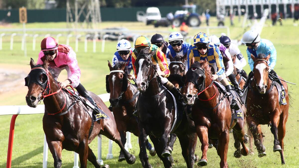 IN FRONT: Ethne Potowski's Lion Couchant, ridden by Tye Angland, leads the pack at the turn at Hawkesbury Race Club on Thursday. Picture: Geoff Jones
