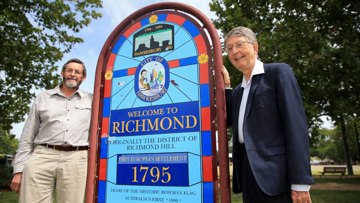 Graham Edds and Ian Jack want the five Macquarie Towns of Richmond, where they are pictured, Windsor, Wilberforce, Pitt Town and Castlereagh to get a state heritage listing. Picture: Geoff Jones