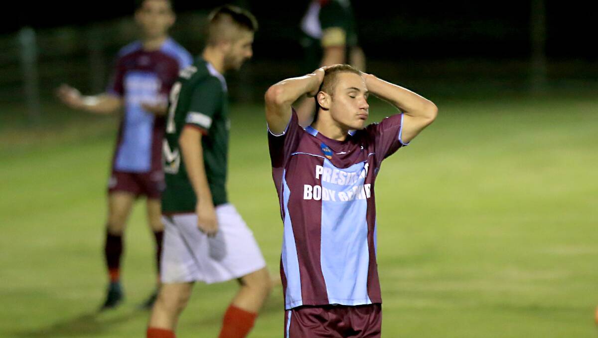 Daniel Zhara reacts after a missed scoring opportunity earlier in the season for Hawkesbury City. Picture: Geoff Jones