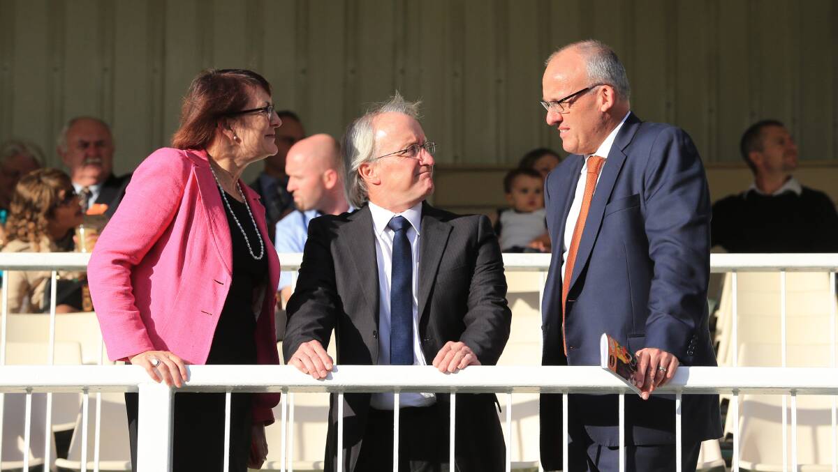 Susan Templeman, Peter Reynolds and state Labor leader Luke Foley at the Hawkesbury Race Club on Saturday. Picture: Geoff Jones