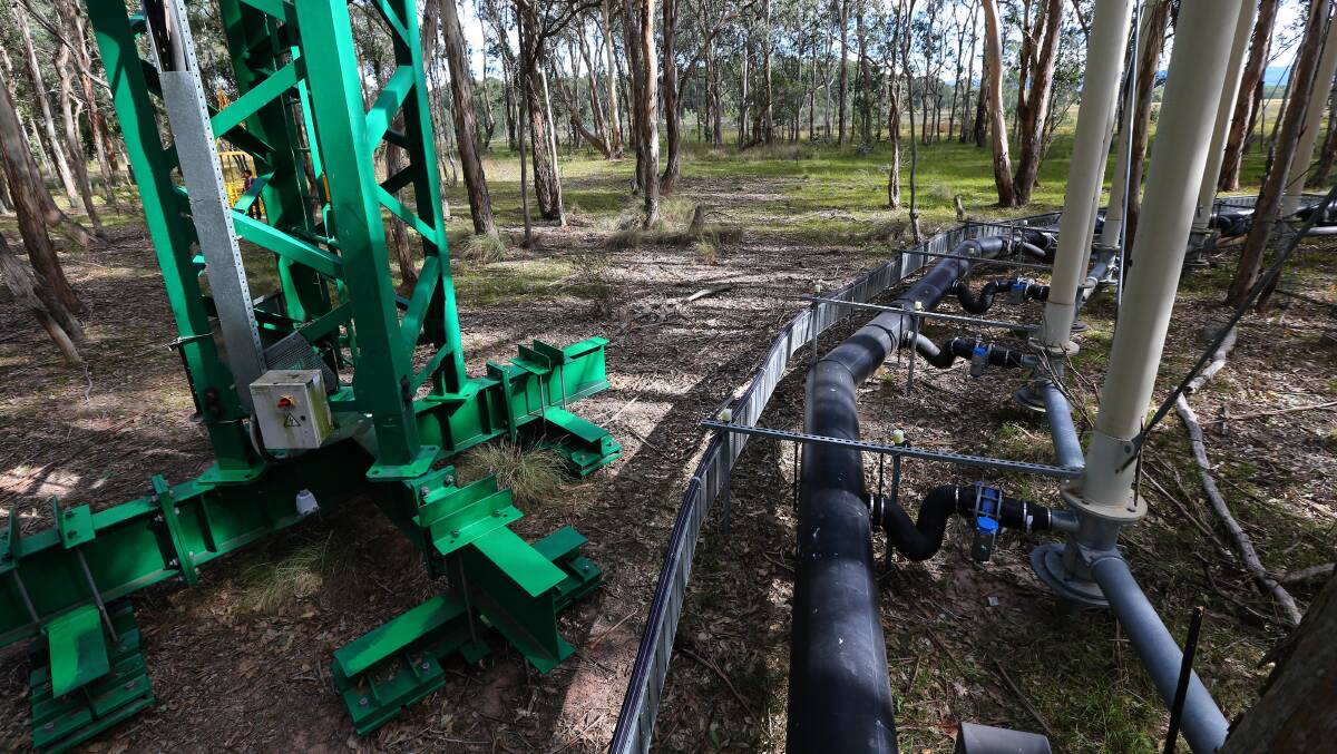 Carbon Dioxide comes through this pipe system to the rings, before it is pumped out onto a section of forest. Picture: Geoff Jones