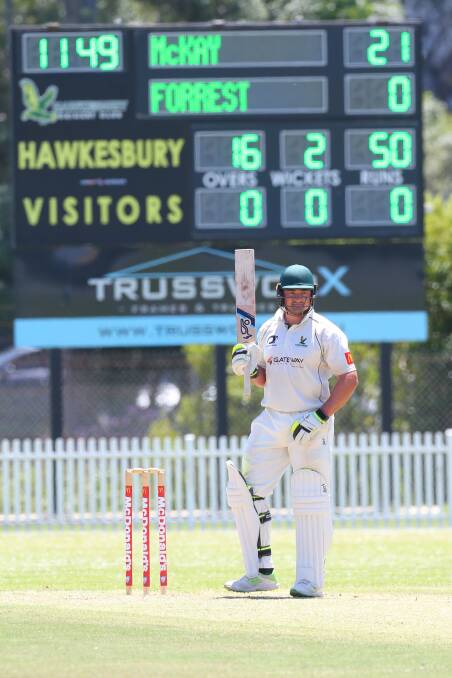Getting set: Peter Forrest at the beginning of his 164 run innings against Sydney University. Picture: Geoff Jones
