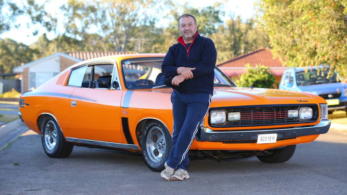 Abe Awakian with his 72 E38 R/T Charger promoting the upcoming Hot Rod and Car Show at Windsor Leagues Club. Picture: Geoff Jones .
