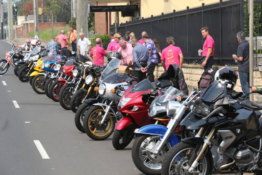 Lined-up: The bikes taking part in the procession parked outside Windsor Funeral Home. Picture: Geoff Jones.