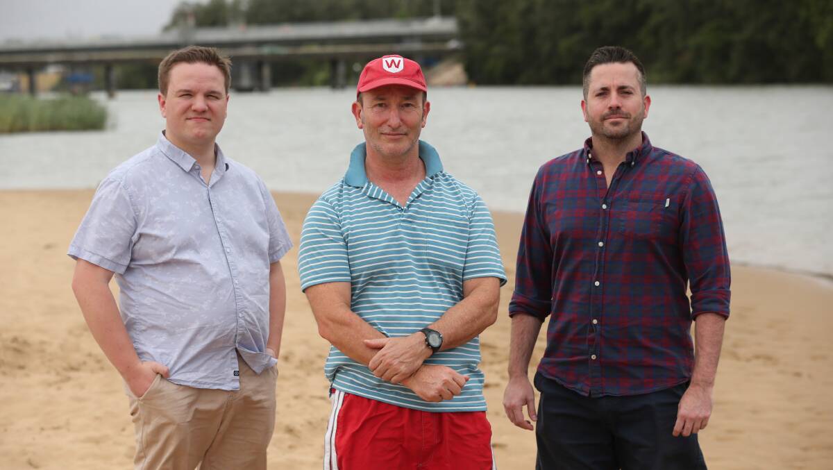Water quality: (L) WSU project team leader and student Trent Rowlands, with School of Science senior lecturers Dr Ian Wright and Dr Jason Reynolds, believe water authorities should make Hawkesbury River water quality reports public. Picture: Geoff Jones