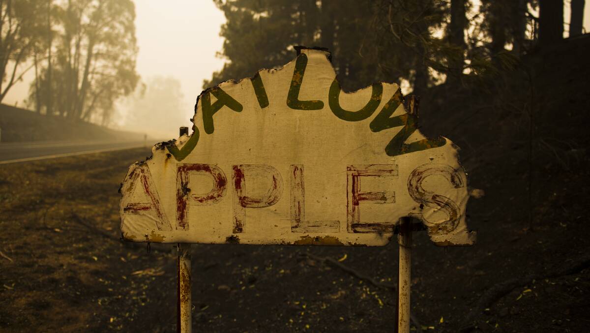 A Batlow Apples sign damaged by fire on Batlow Road. Picture: Dion Georgopoulos