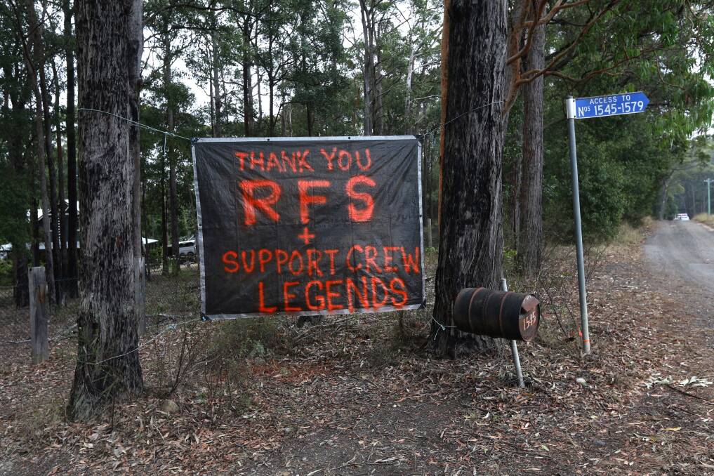 Messages of thanks: A sign on the side of Bells Line of Road, Bilpin, after bushfires swept through the area during 'black summer'. Picture: Geoff Jones