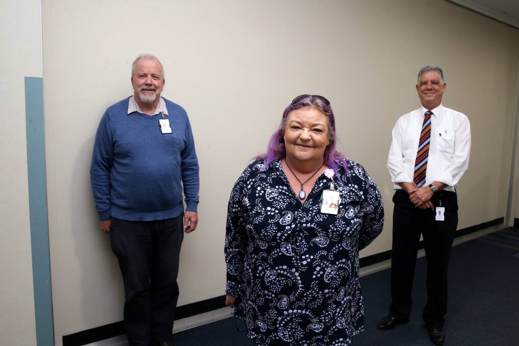 Community painting: (L) Director of Mission Martin Teulan, Aboriginal Community Liason Officer Vicki Thom and Director of Nursing David Simmonds are putting the call to Aboriginal artists to paint a mural to be hung on a wall at the Hawkesbury Hospital. Picture: Geoff Jones