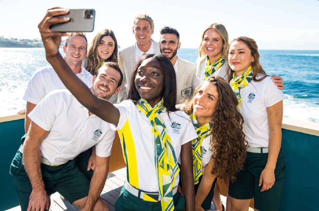 Members of Australia's Tokyo Olympics team pose during the unveiling of their ceremony uniforms in Sydney this week. Picture: Supplied.
