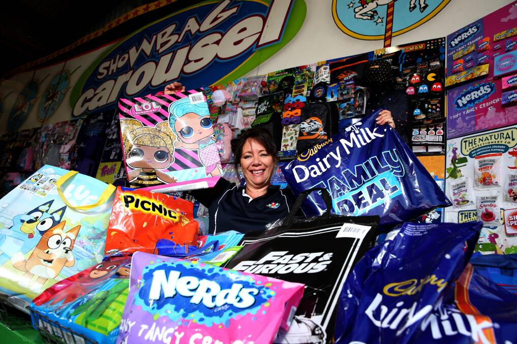 Bags of fun: Jenny Bellete from Showbags.com.au with some of the showbags that will be on offer at the Hawkesbury Show this weekend. Picture: Geoff Jones