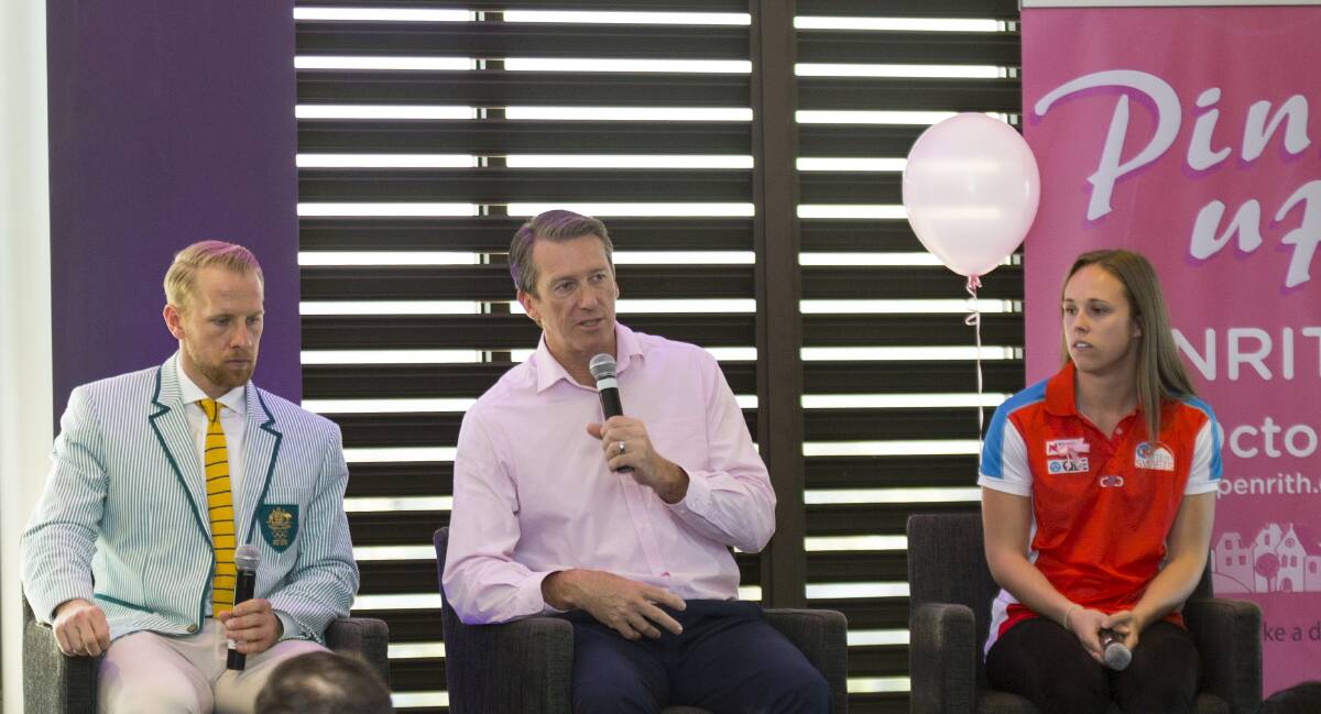Olympian Cameron Girdlestone, Glenn McGrath and NSW Swifts netball player Paige Hadley at the launch on Friday.