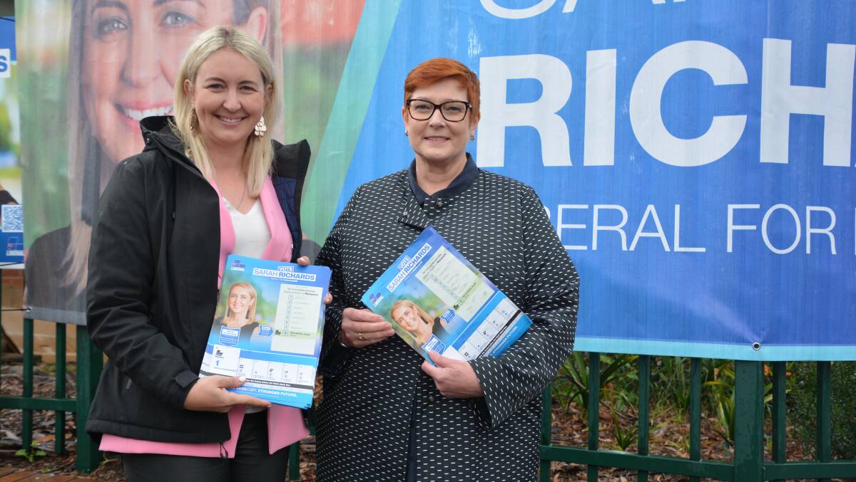 Liberal candidate for Macquarie, Sarah Richards, with Foreign Affairs Minister, Senator Marise Payne at East Blaxland on election morning.
