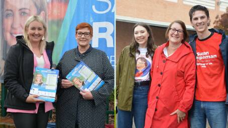 Liberal candidate for Macquarie, Sarah Richards, with Foreign Affairs Minister, Senator Marise Payne at East Blaxland on election morning (left): Labor MP for Macquarie Susan Templeman with her children, Phoebe and Harry, at Winmalee on election morning (right).