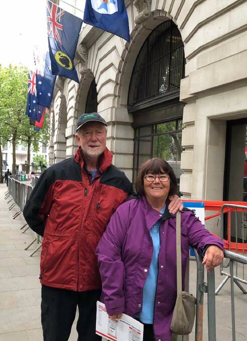 Winmalee residents Howard and Mary Cox get ready to cast their vote at Australia House in London.
