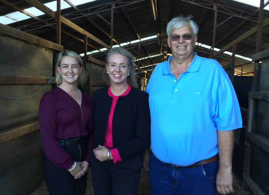 Flashback: Then-Liberal Macquarie candidate Sarah Richards and Sports Minister Bridget McKenzie with HDAA president Ross Matheson at the Clarendon funding announcement in April 2019. Picture: Sarah Falson.