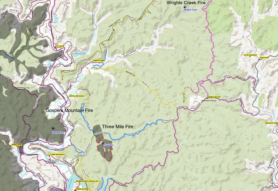 A NSW RFS map showing the Gospers Mountain, Three Mile and Wrights Creek fires. Picture: NSW Rural Fire Service.