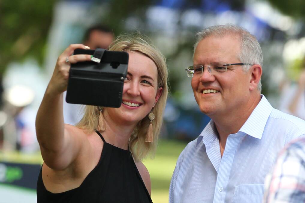 Team Liberal: Macquarie Liberal candidate Sarah Richards takes a selfie with Prime Minister Scott Morrison in Windsor on Australia Day. Picture: Geoff Jones.