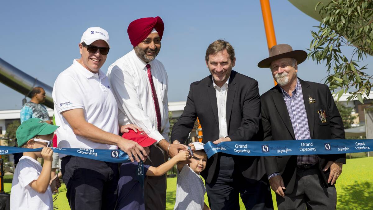 Richard Rhydderch of Stockland, Blacktown councillor Moninder Singh, Blacktown Mayor Stephen Bali, and Chris Quilkey of Blacktown City Council, officially open the new Hilltop Park at Stockland’s Altrove community in Schofields last month.