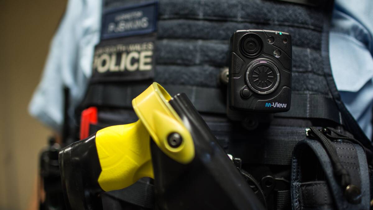Camera: A close-up of one of the cameras now being worn by Hawkesbury officers. Picture: Geoff Jones.