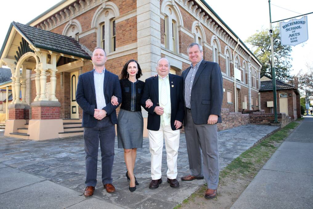 Lights, camera, action: Cr Nathan Zamprogno, Hawkesbury MP Robyn Preston, Ross Wanstall from the Richmond School of Arts, and Richmond Players president Sean Duff outside the School of Arts. Picture: Geoff Jones.