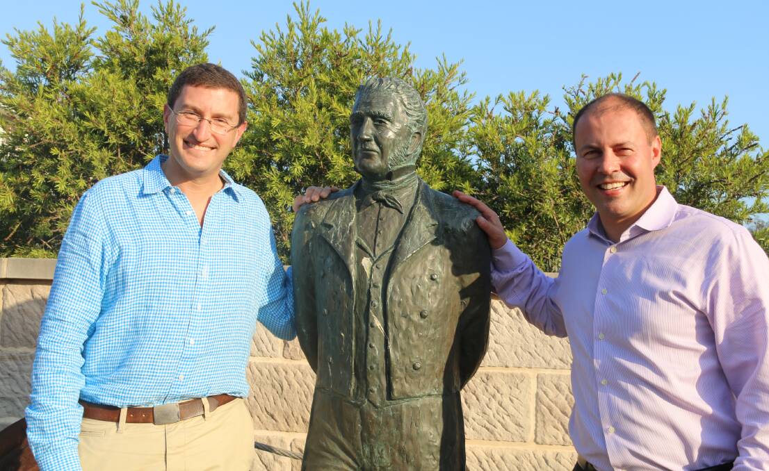 Heritage: Berowra MP Julian Leeser and Environment Minister Josh Frydenberg in front of the Solomon Wiseman statue at Wisemans Ferry. 
