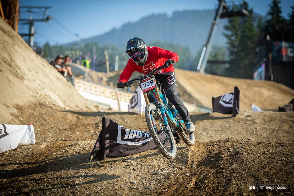 Danielle Beecroft in action in the dual salom during the Crankworx world series in Canada. Picture: Trevor Lydon. 