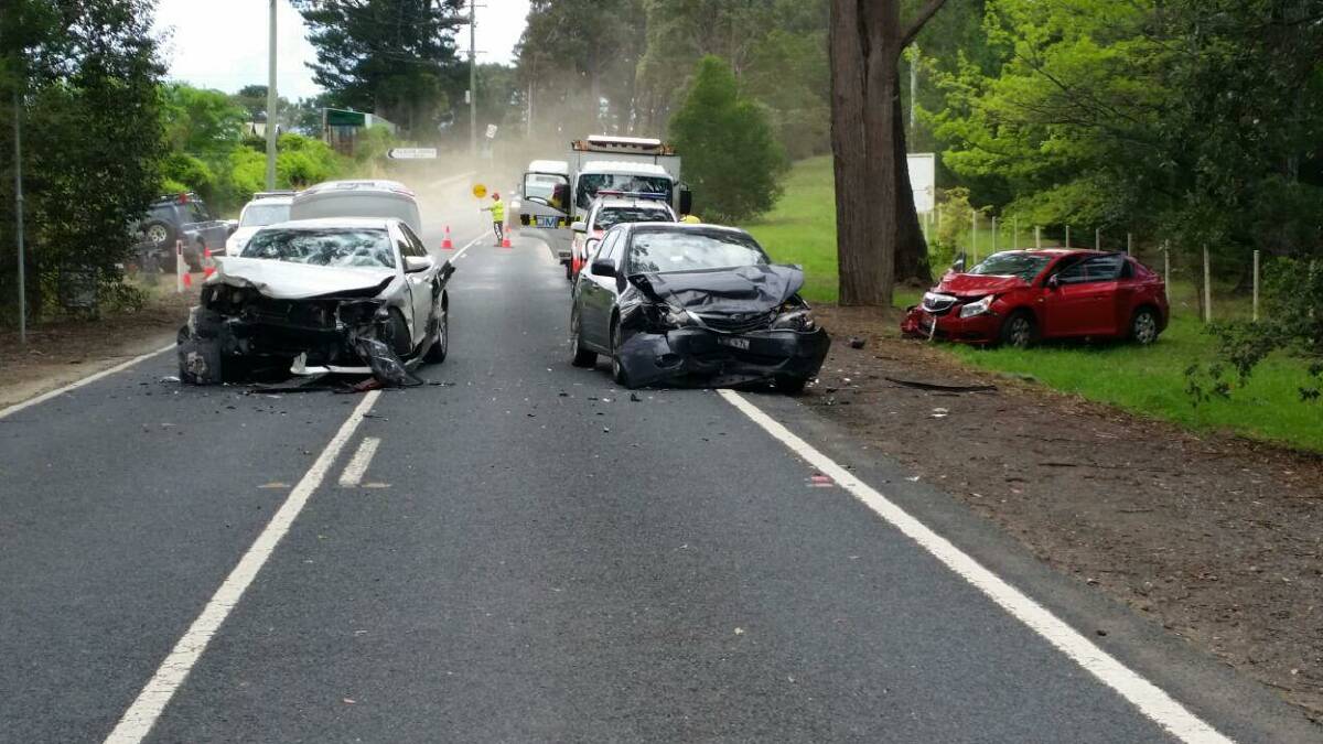 Crash: The scene of the three-vehicle collision on Bells Line of Road at Bilpin. Picture: TNV.