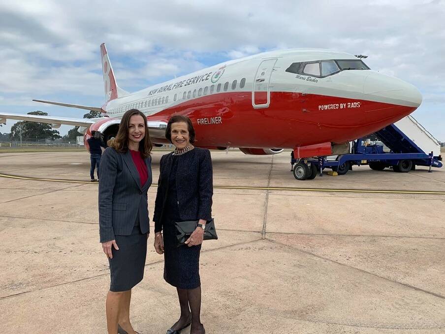 New LAT: Hawkesbury MP Robyn Preston and Dame Marie Bashir welcomed the new Large Air Tanker at RAAF Richmond. Picture: Supplied.
