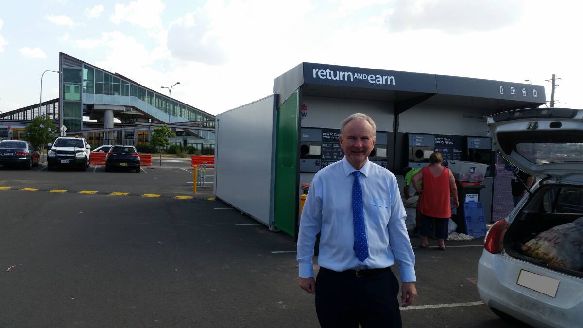 Good earner: Riverstone MP Kevin Conolly outside the new Return and Earn reverse vending machine at Schofields.