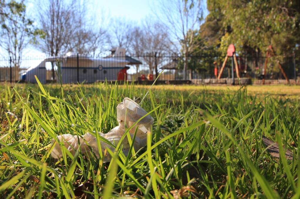 Hazard: A used condom found in the grass near the children's playground at the Richmond tourist information centre. Picture: Geoff Jones.