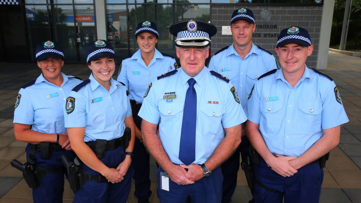 New recruits: Being inducted at Windsor (from left) were Probationary Constables Kylie Giammarco, Georgia Hunt, Zahlie Furrer, Michael West and Joel Casey with Superintendent Jim Stewart. Picture: Geoff Jones.