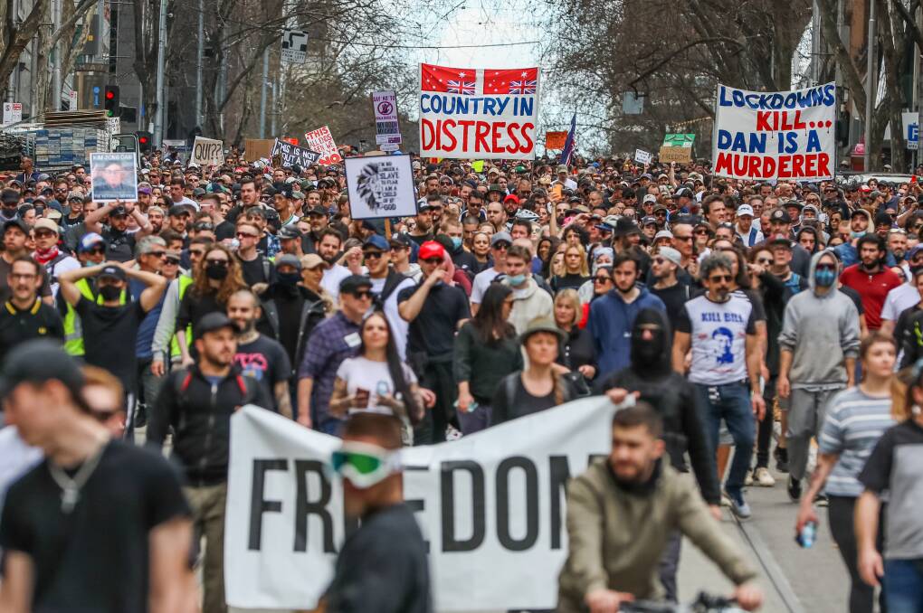 Anti-lockdown protesters gathered in Melbourne on Saturday despite current COVID-19 restrictions prohibiting outdoor gatherings. Picture: Getty Images
