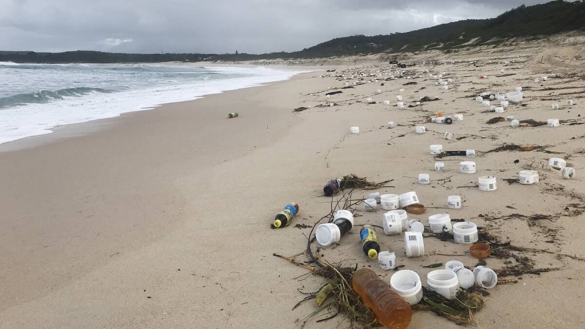 TRASH: Products washed up in Port Stephens last June. 