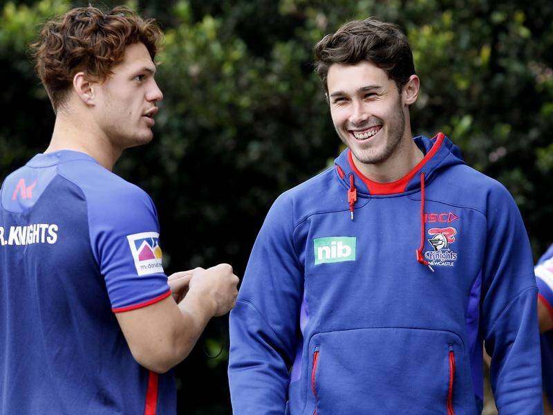 Nick Meaney (r) and Kalyn Ponga shared the fullback duties at Newcastle in last year's NRL.