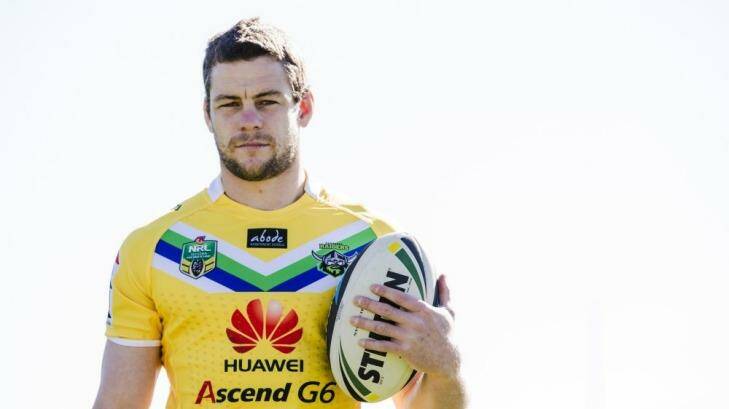 Canberra Raiders lock Shaun Fensom models the yellow jersey the side will wear against North Qld on Sunday. Photo: Jamila Toderas 
