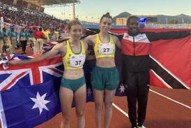 Australians Delta Amidzovski (c) and Grace Krause (l) won long jump gold and bronze at Trinbago23. (PR HANDOUT IMAGE PHOTO)